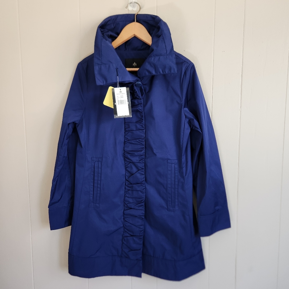 Rainforest nwt blue raincoat lightweight coat ruched detail hidden hood XS new